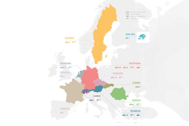 Karte von Europa mit Standorten von Baumärkten, Baustoffniederlassungen, Logistikzentren und Verwaltungsstandorten von Hornbach