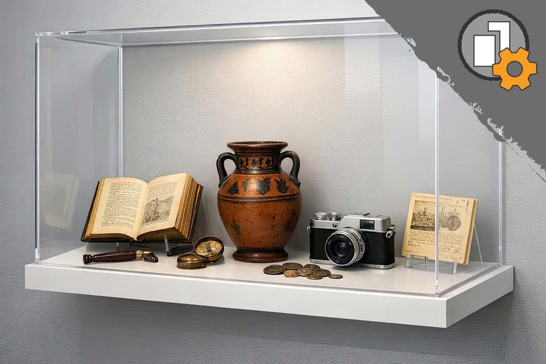 Wandmontierte Schauvitrine aus transparentem Acrylglas mit weißem Boden und Beleuchtung, präsentiert eine antike Vase, eine Kamera und ein Buch.