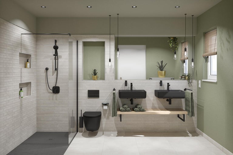 Badezimmer mit Dusche, Toilette, Waschbecken und Spiegel