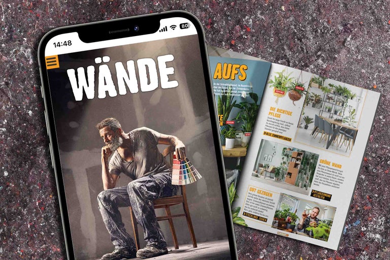 Smartphone mit dem Hornbach Magazin Wände und das Magazin Aufsicht auf einem strukturierten Untergrund