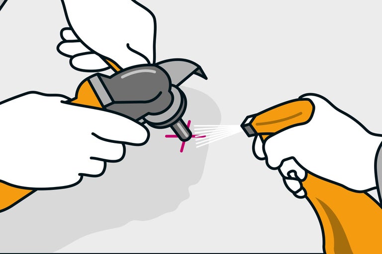Illustration: Reinigung einer Gartenschere mit einem Reinigungsspray