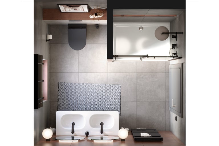 Helles Badezimmer mit Doppelwaschtisch, Dusche und Toilette.