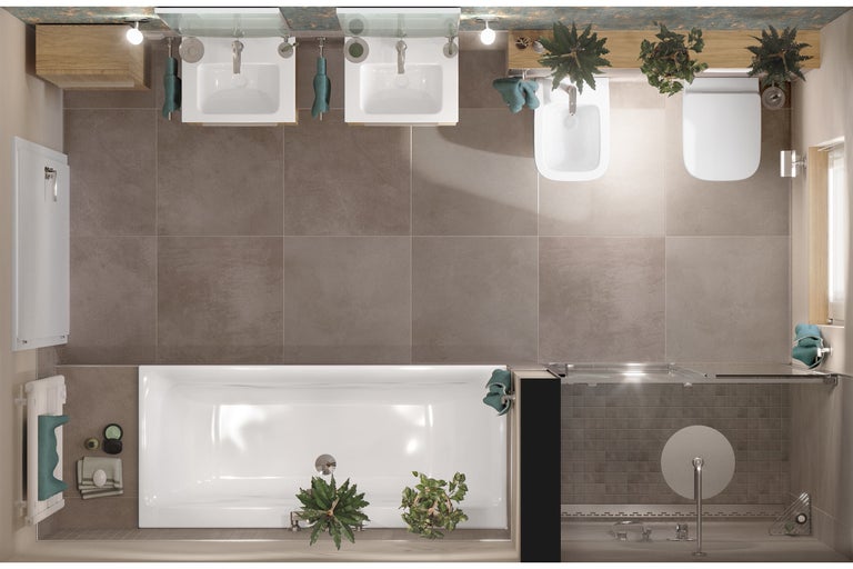 Ansicht von oben eines Badezimmers mit Badewanne, Waschbecken, Toilette und Bidet