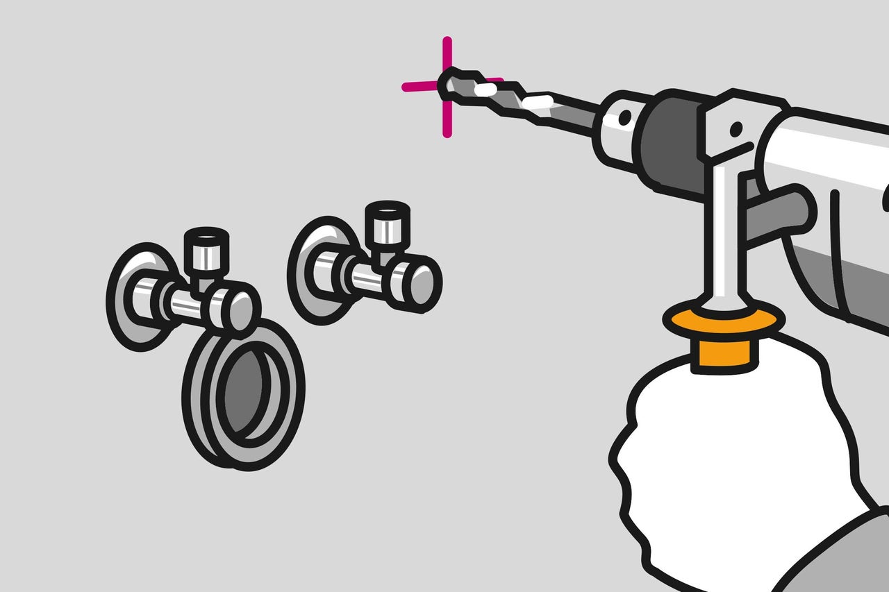 Illustration einer Bohrmaschine, die ein Loch in die Wand bohrt, um Badezimmeraccessoires zu befestigen