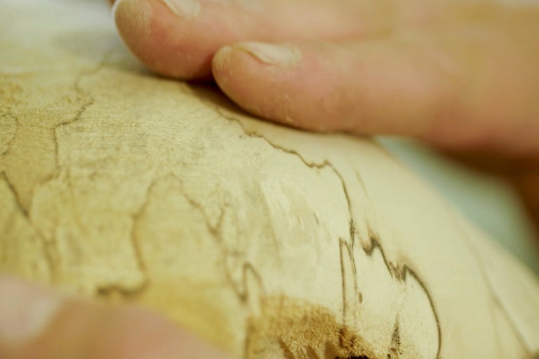 Detailaufnahme einer Hand, die ein helles Holzstück mit dunkler Maserung berührt