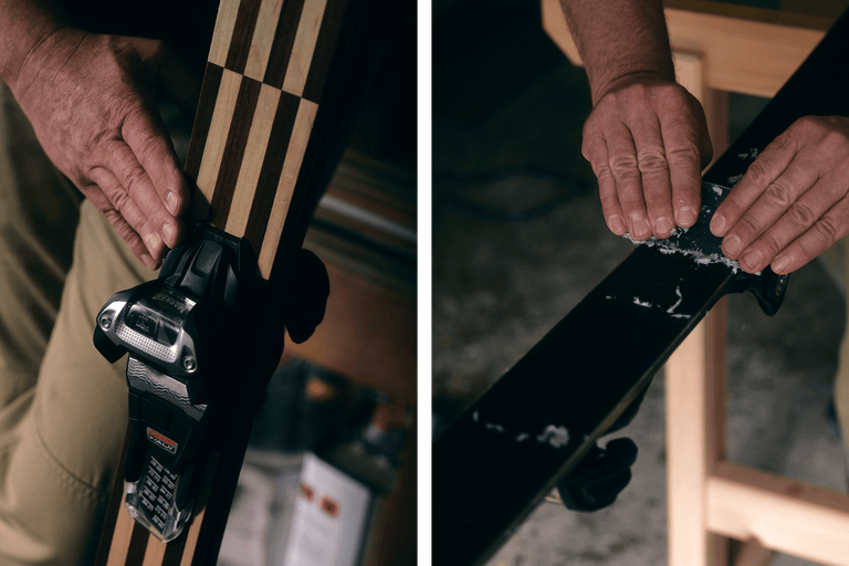 Zwei Bilder nebeneinander: Ski mit Bindung wird präpariert.