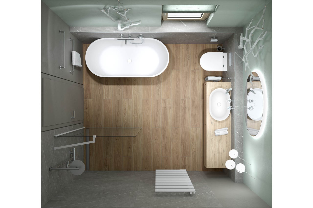 Grundriss eines modernen Badezimmers mit freistehender Badewanne, bodengleicher Dusche, Waschtisch mit ovalem Waschbecken und Holzboden-Optik.