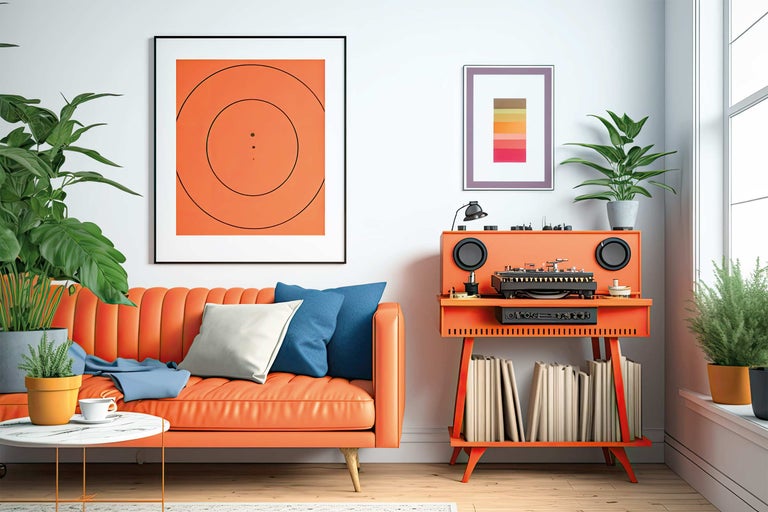 Wohnzimmer mit orangefarbenem Sofa, Schallplattenspieler, Pflanzen und Kunstwerken an der Wand.