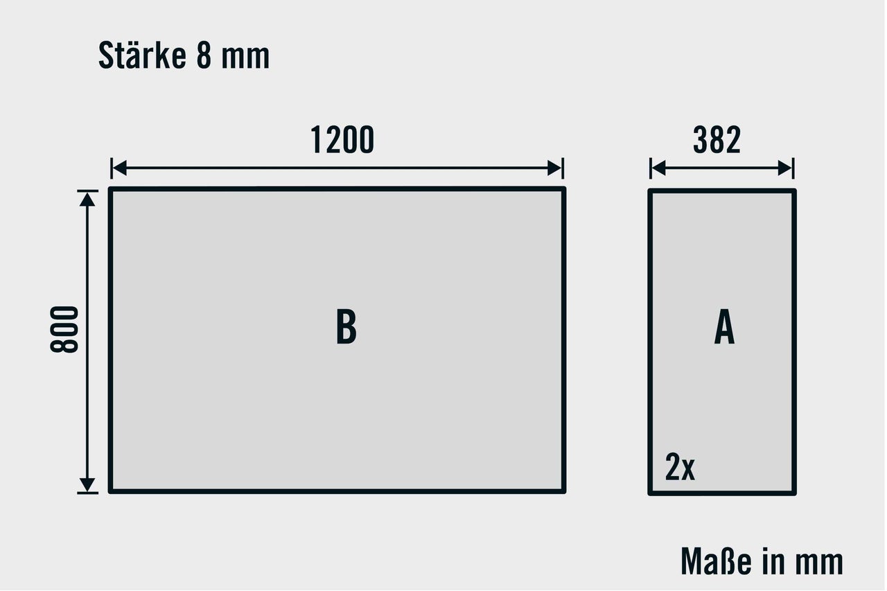 Diagramm mit den Maßen einer 8 Millimeter starken Platte: 1200 x 800 Millimeter (B) und 382 x 800 Millimeter (A)