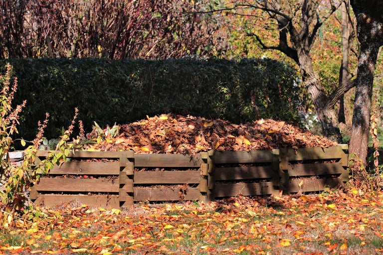 Holzkomposter gefüllt mit Laub im Garten