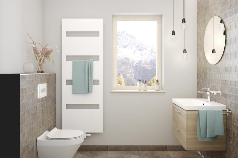 Modernes Badezimmer mit Waschtisch, Spiegel, Heizkörper und Toilette