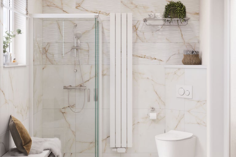 Helles Badezimmer mit Dusche, Heizkörper, Toilette und dekorativen Elementen