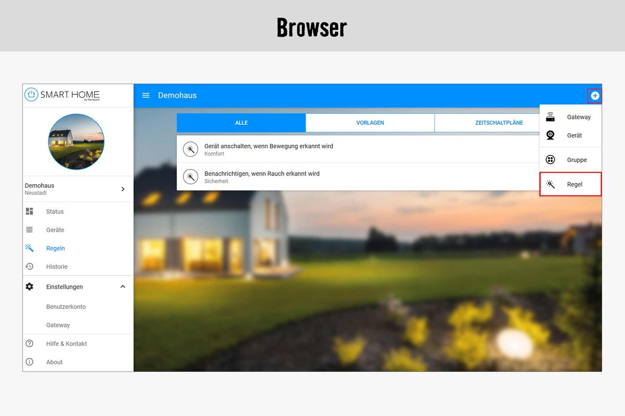 Smart Home Browseransicht mit Regeloptionen