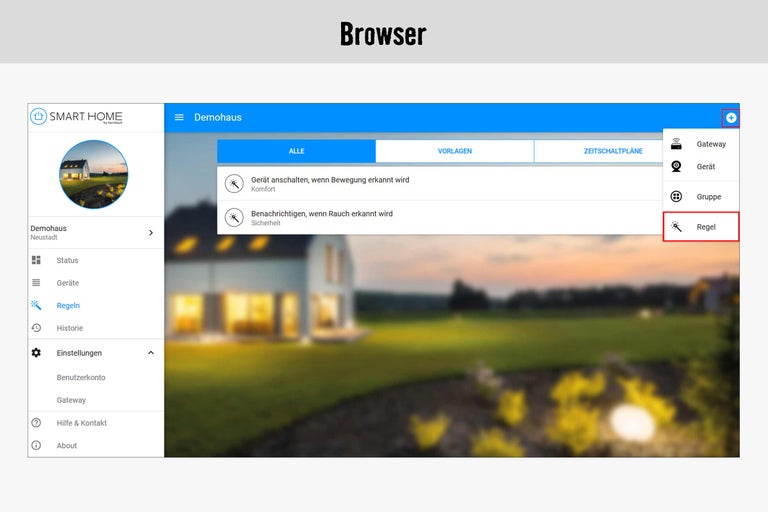 Smart Home Browseransicht mit Regeloptionen