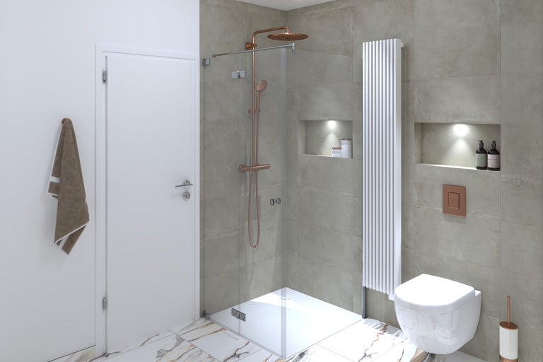 Modernes Badezimmer mit Dusche, Heizkörper und Toilette