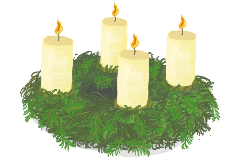 Adventskranz mit vier brennenden Kerzen