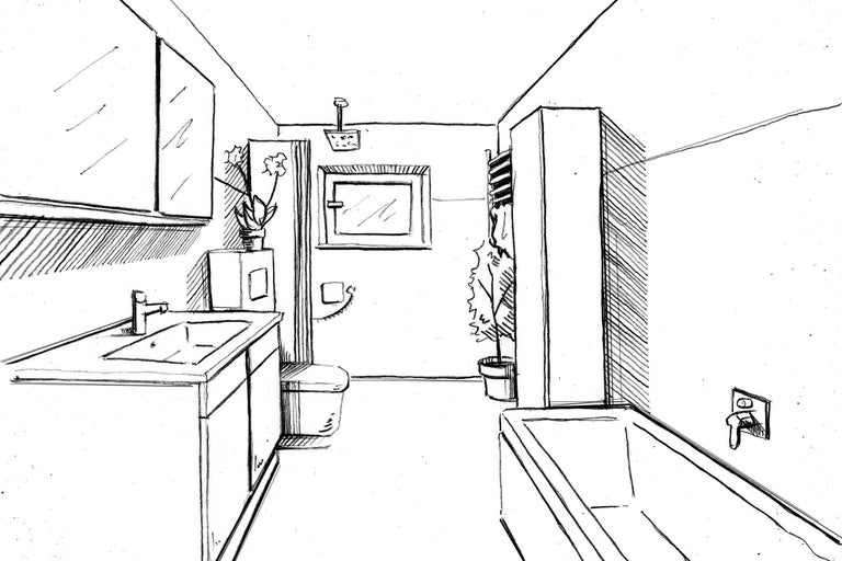 Badezimmer mit Waschtisch, Spiegel, Toilette, Heizkörper, Badewanne und Dekorationen.