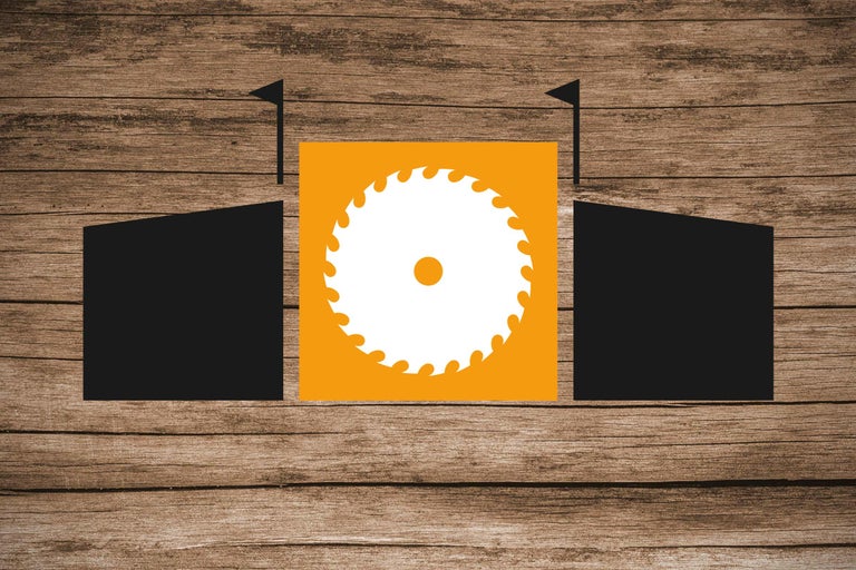 Sägeblatt Symbol vor Holzhintergrund