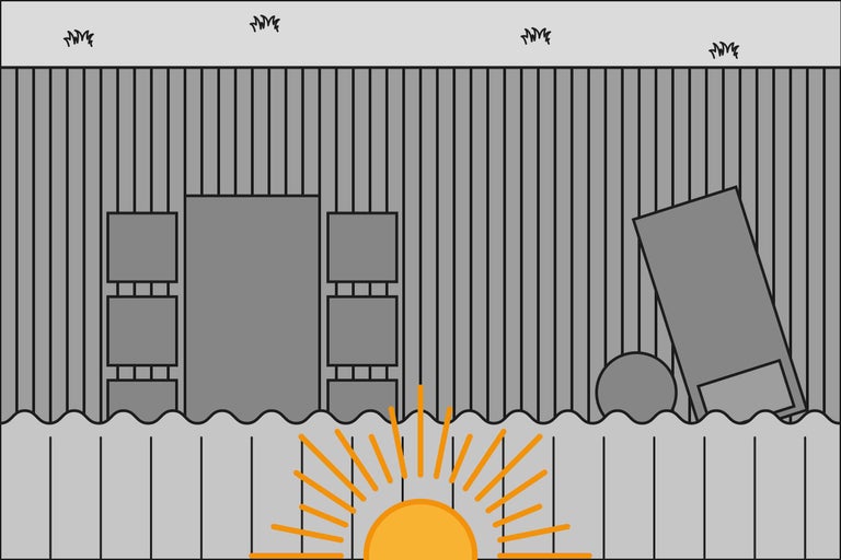 Illustration eines Gartenzauns mit Gartenmöbeln und Bewuchs