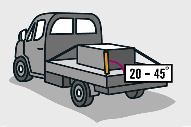 Illustration eines Fahrzeugs mit einer Ladefläche, die einen Neigungswinkel von 20 bis 45 Grad ermöglicht.