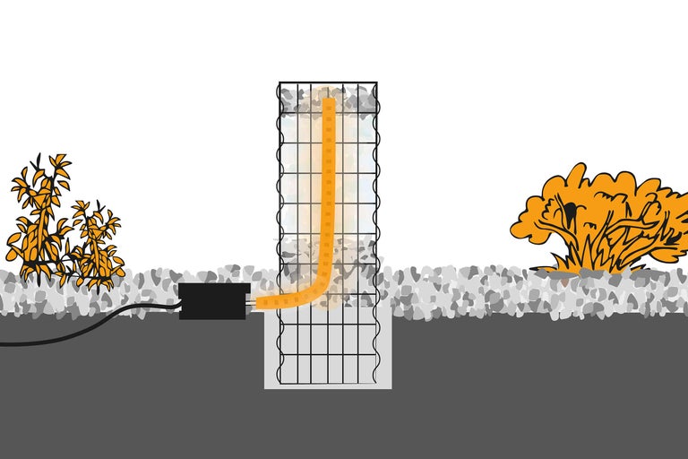 Illustration einer Gabione mit Beleuchtung im Garten