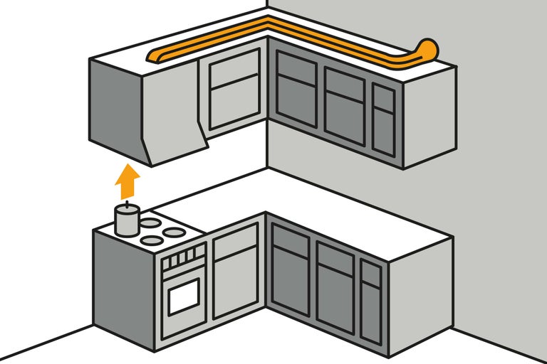 Illustration einer Küchenzeile mit Dunstabzugshaube und Herd