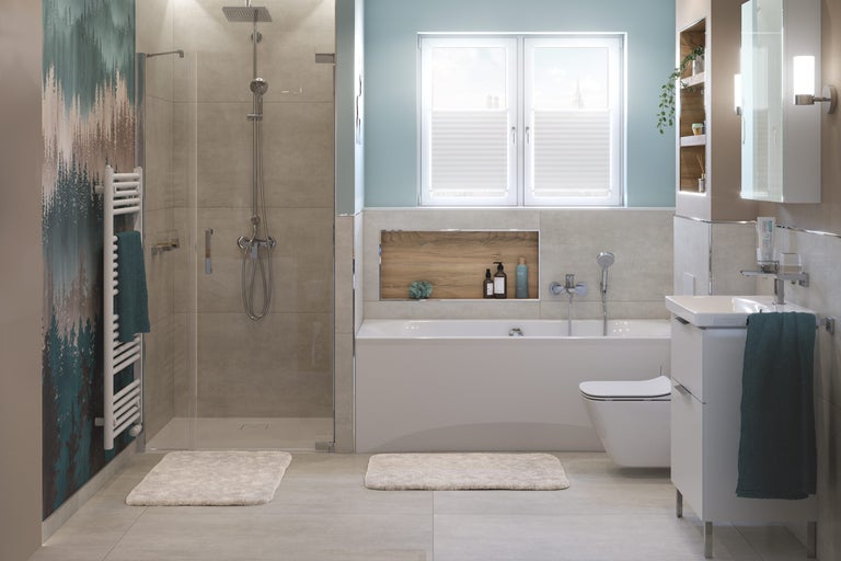 Helles Badezimmer mit Dusche, Badewanne, Waschbecken und Toilette