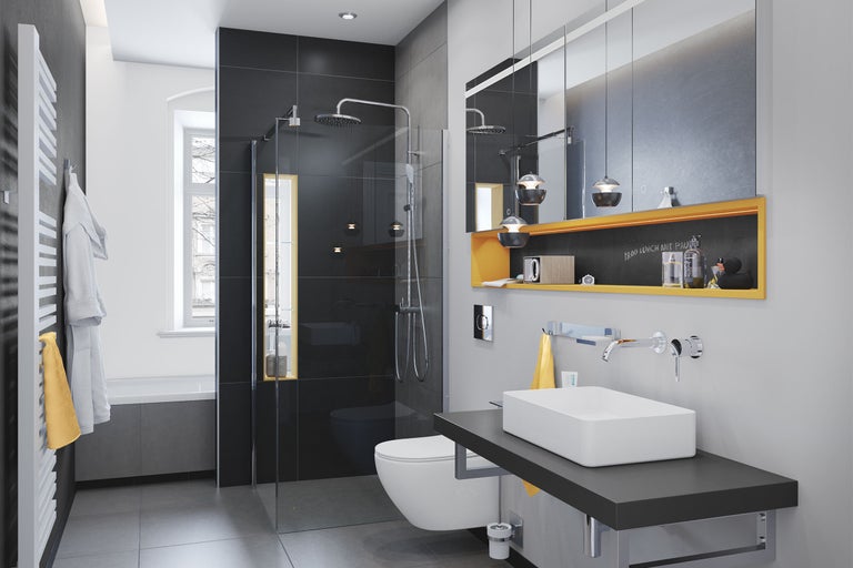 Badezimmer mit Dusche, Waschbecken, Spiegelschrank und Heizkörper