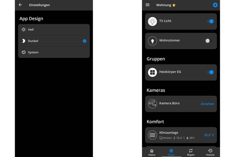Screenshot einer Smart Home App mit Einstellungsmenü und Geräteübersicht