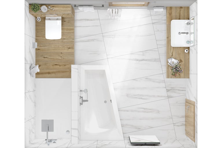 Draufsicht eines hellen Badezimmers mit Toilette, Dusche, Badewanne und Waschtisch