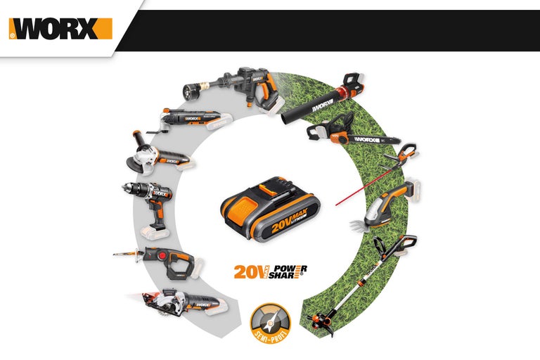 Worx Logo und Illustration verschiedener Worx Werkzeuge, einschließlich Bohrmaschine, Säge und Rasentrimmer