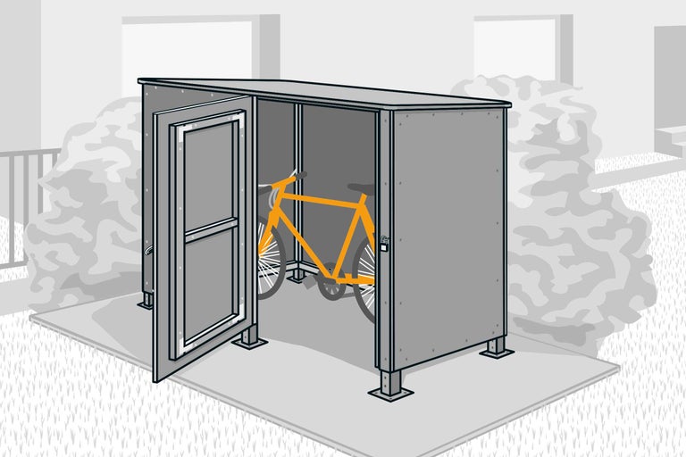 Fahrradbox mit geöffneter Tür und Fahrrad darin