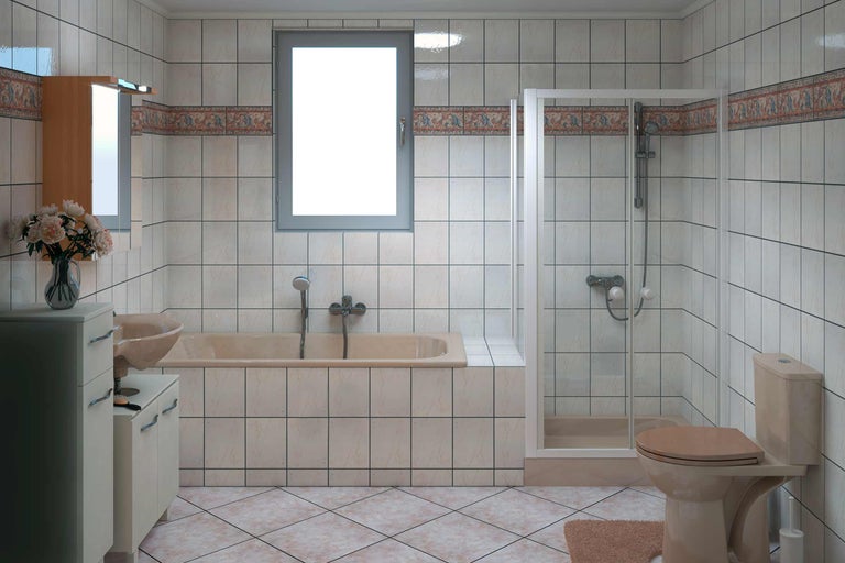 Helles Badezimmer mit Badewanne, Dusche und Waschbeckenunterschrank
