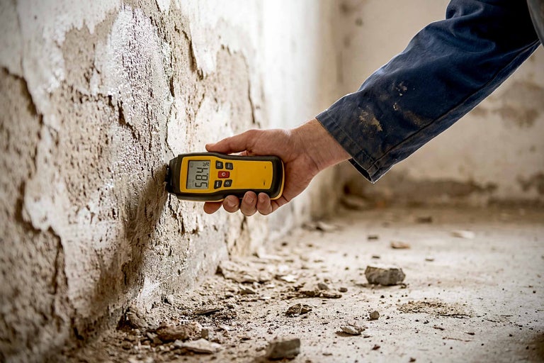Eine Hand hält ein digitales Feuchtigkeitsmessgerät gegen eine raue Wand, um die Feuchtigkeit zu messen.