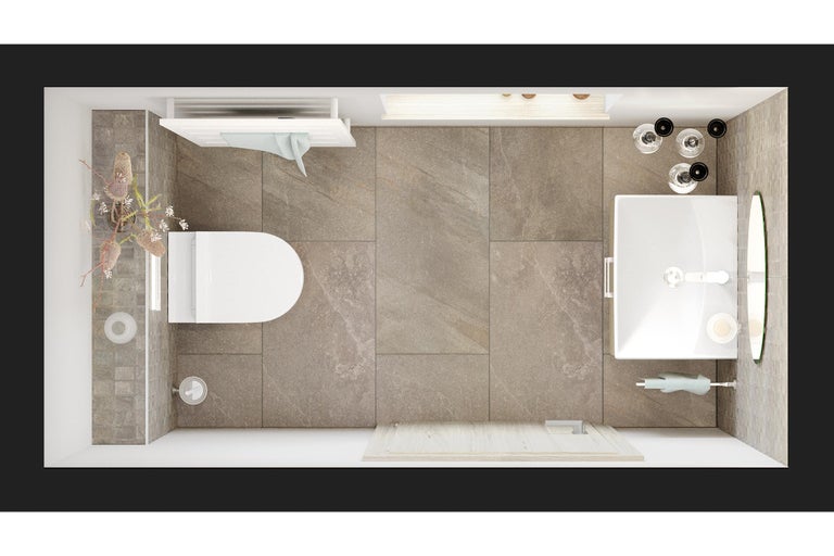 Vogelperspektive eines Badezimmers mit Toilette, Waschbecken, Dusche und Accessoires.