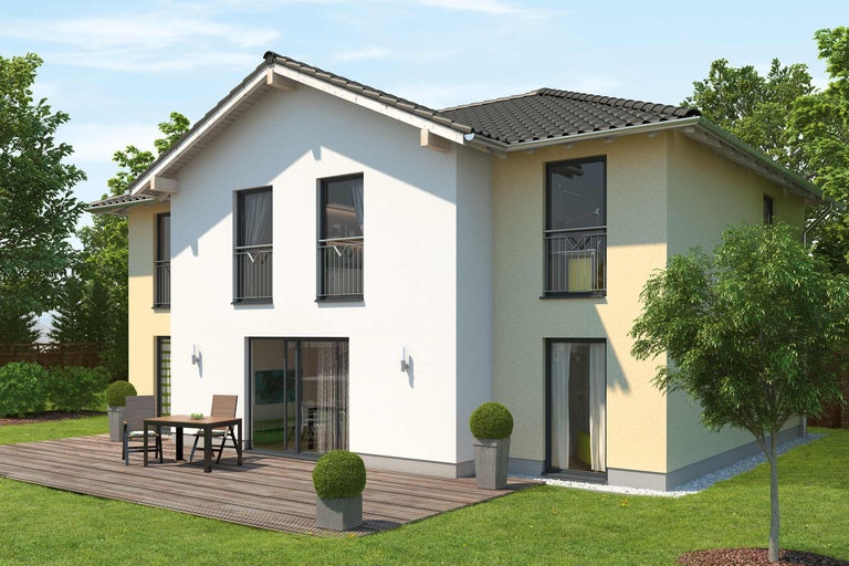 Abbildung eines modernen zweistöckigen Hauses mit Terrasse und Garten