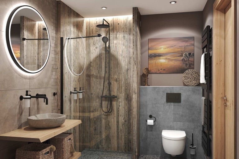 Badezimmer mit Dusche, Waschtisch und Toilette in Holz- und Steinoptik