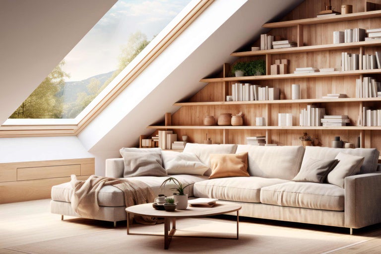 Heller Wohnraum mit Dachfenster, Bücherregal und Ecksofa