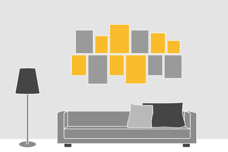 Illustration eines Wohnzimmers mit Sofa, Stehlampe und Bilderrahmen