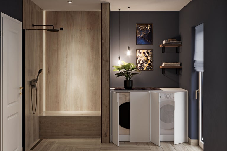 Modernes Badezimmer mit Dusche, Waschmaschinen und Regalen