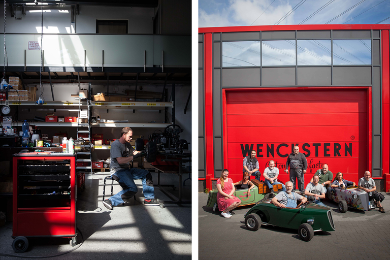 Werkstattszenen mit Mitarbeitern und Go-Karts vor einer roten Werkstatttür mit Firmenlogo