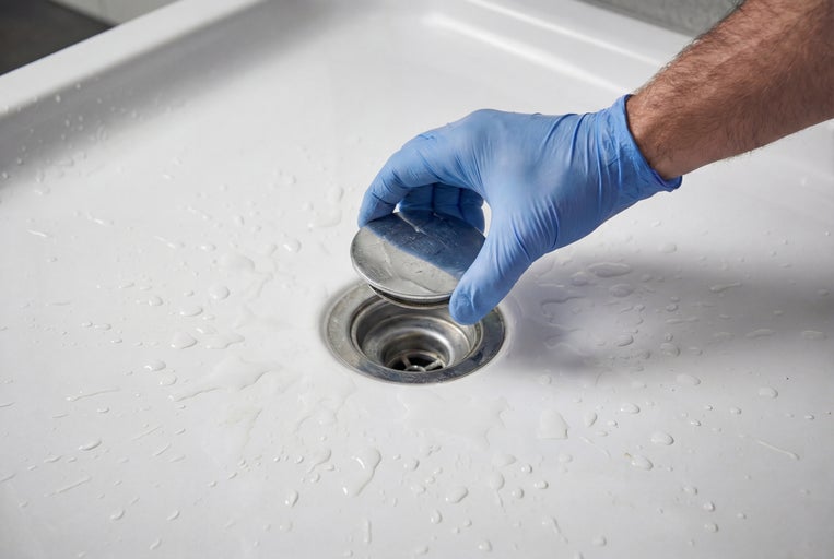 Hand mit Handschuh setzt Abflussstopfen in eine Duschwanne