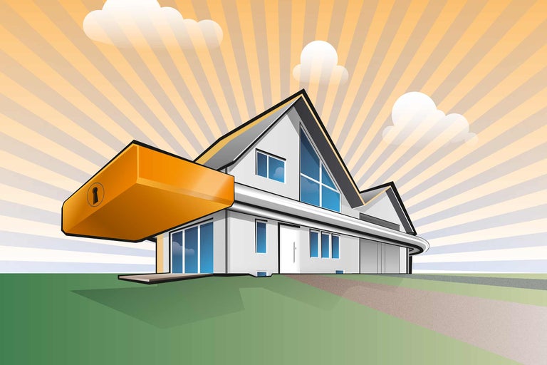 Illustration eines Hauses mit großem Vorhängeschloss zur Darstellung von Sicherheit
