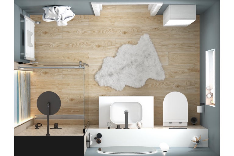Modernes Badezimmer mit Fliesen in Holzoptik, bodenebener Dusche, weißem Waschbecken, Toilette und flauschigem Teppich.