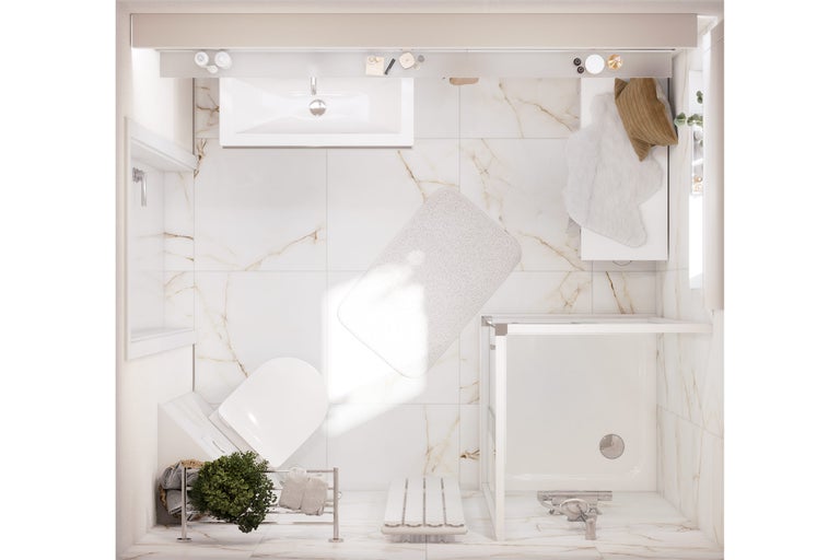 Badezimmer-Ansicht von oben mit Waschbecken, Toilette, Dusche und Badematten