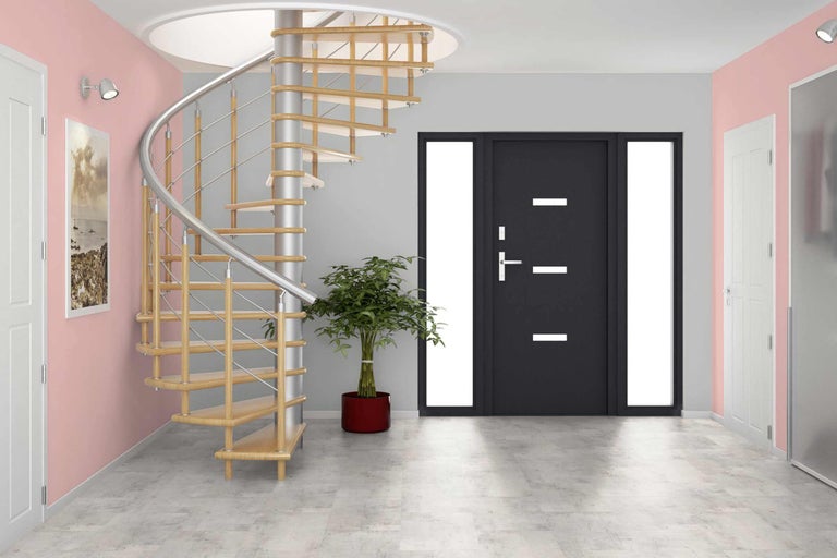 Innenraum mit Wendeltreppe, Haustür und Zimmerpflanze