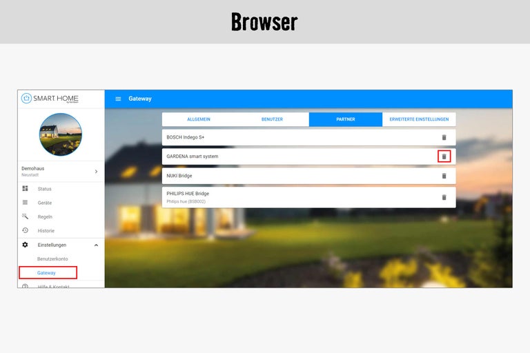 Smart Home Gateway-Oberfläche mit Geräteoptionen