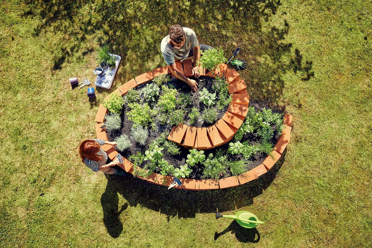 Draufsicht auf zwei Personen, die ein spiralförmiges Kräuterbeet im Garten bepflanzen