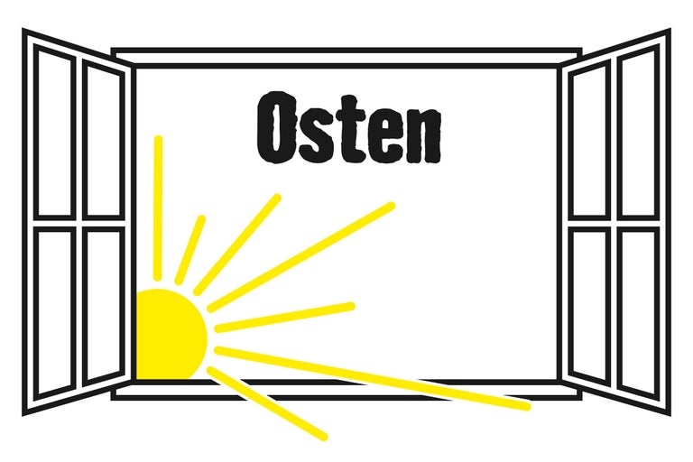 Osten Schriftzug mit Symbol für Sonnenaufgang durch Fenster