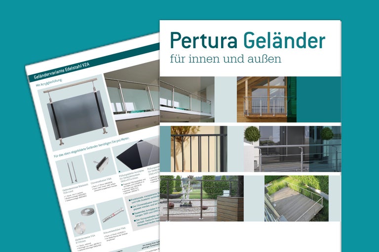 Broschüre über Pertura Geländer für den Innen- und Außenbereich mit verschiedenen Edelstahl Geländervarianten und Zubehör